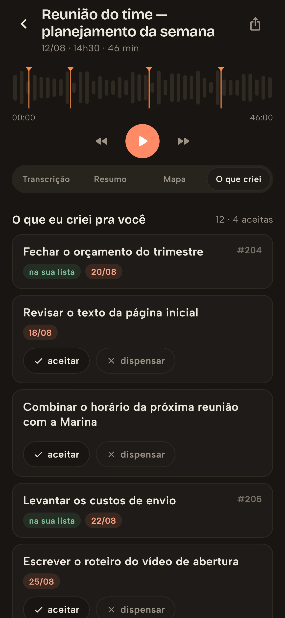 Tarefas extraídas de uma reunião no Vidally