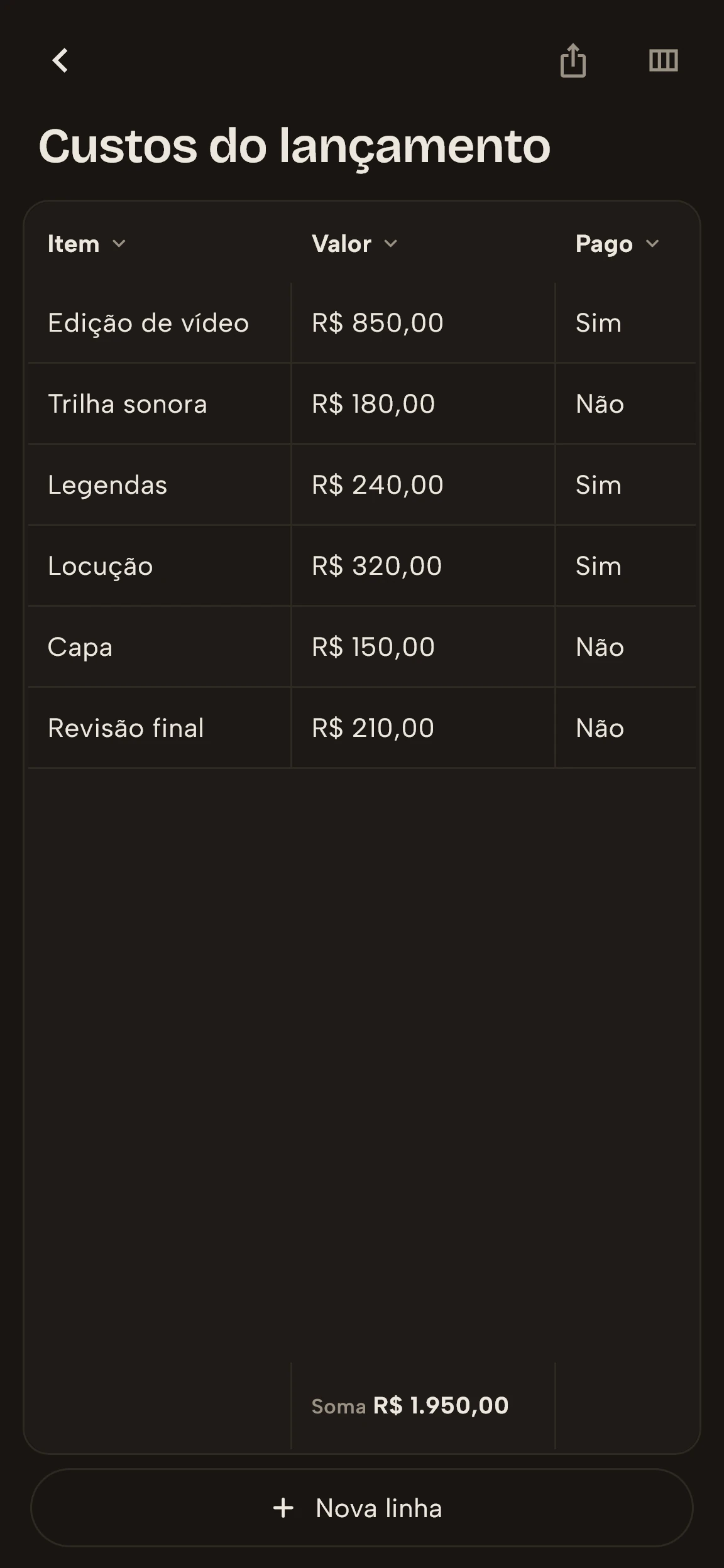 Planilha criada no Vidally