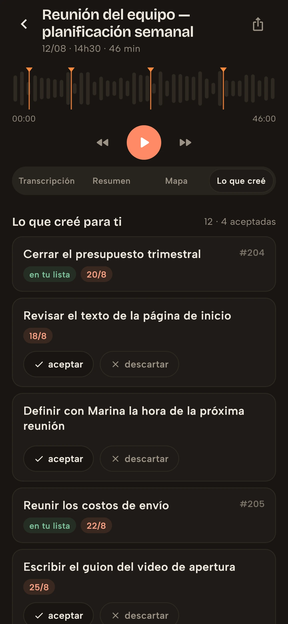 Acciones extraídas de una reunión en Vidally